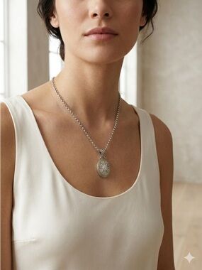 Andrea Candela (Birks) Silver & 18K Gold Filigree Diamond Oval Pendant Necklace